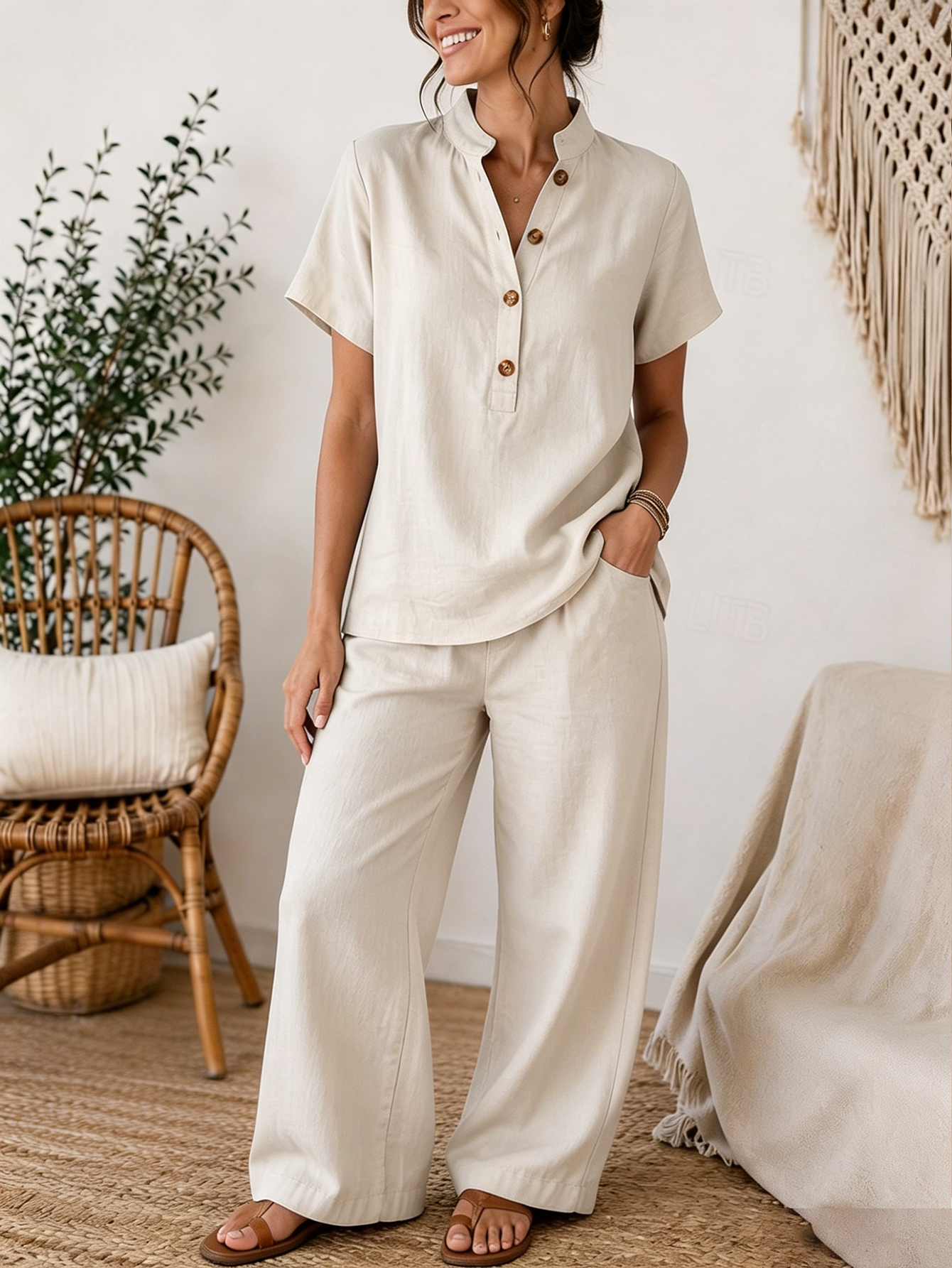 Women's Linen Blend Henley Short Sleeve Top & Wide Leg Pants 2-Piece Set