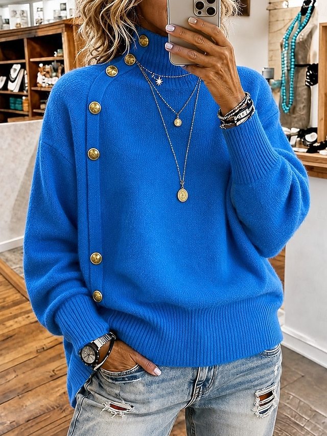Decorative Button High Collar Knit Sweater