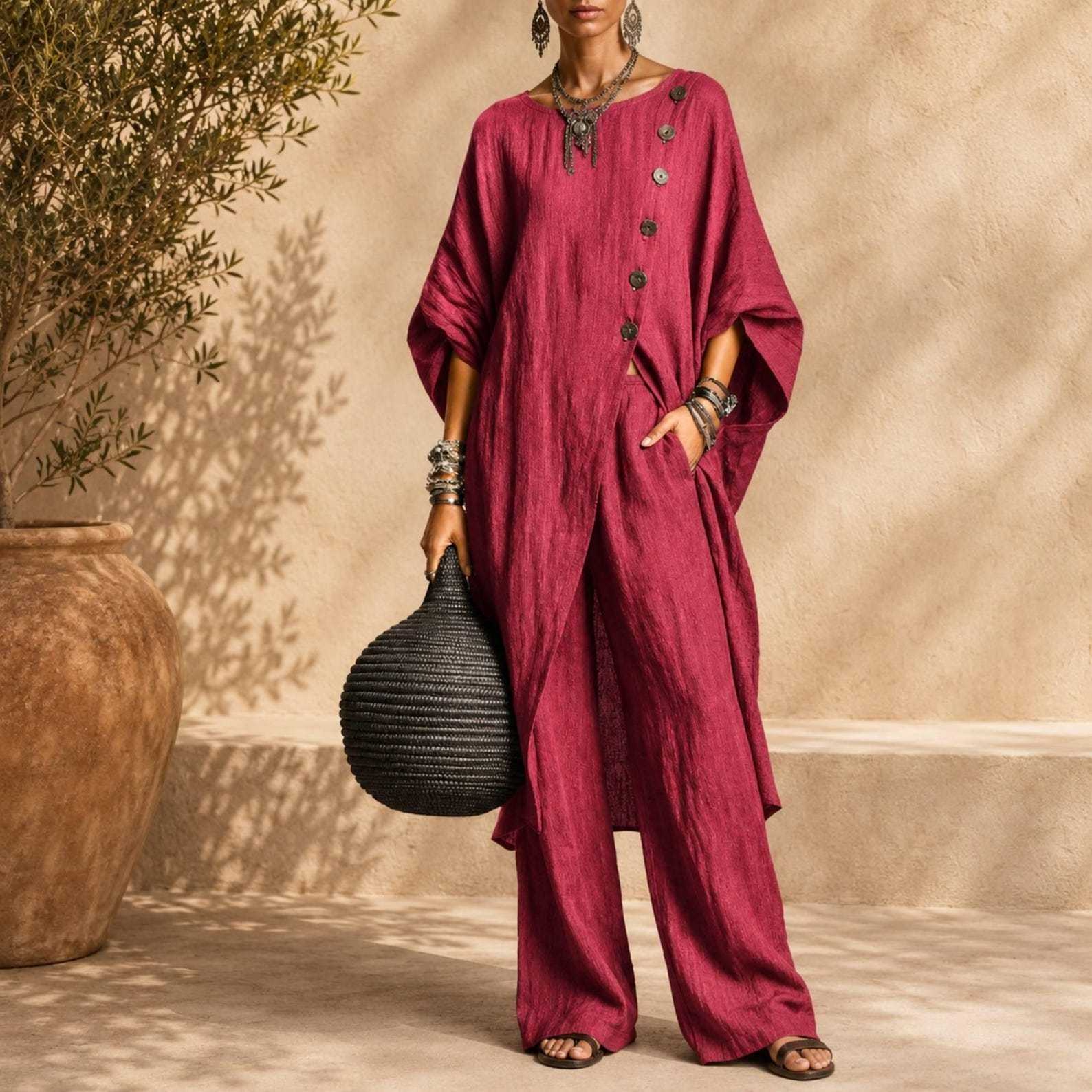 Linen Blend Asymmetrical Button Tunic & Wide Leg Pants Set