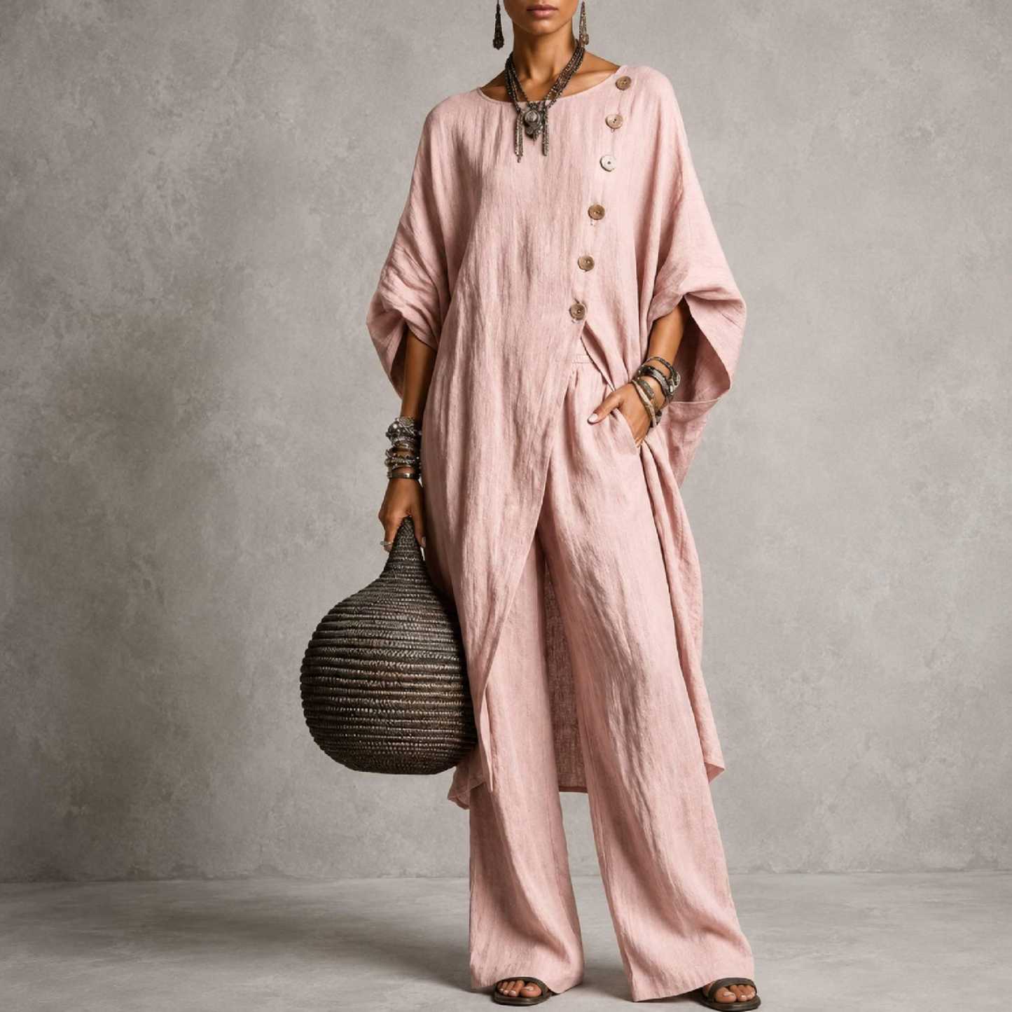 Linen Blend Asymmetrical Button Tunic & Wide Leg Pants Set