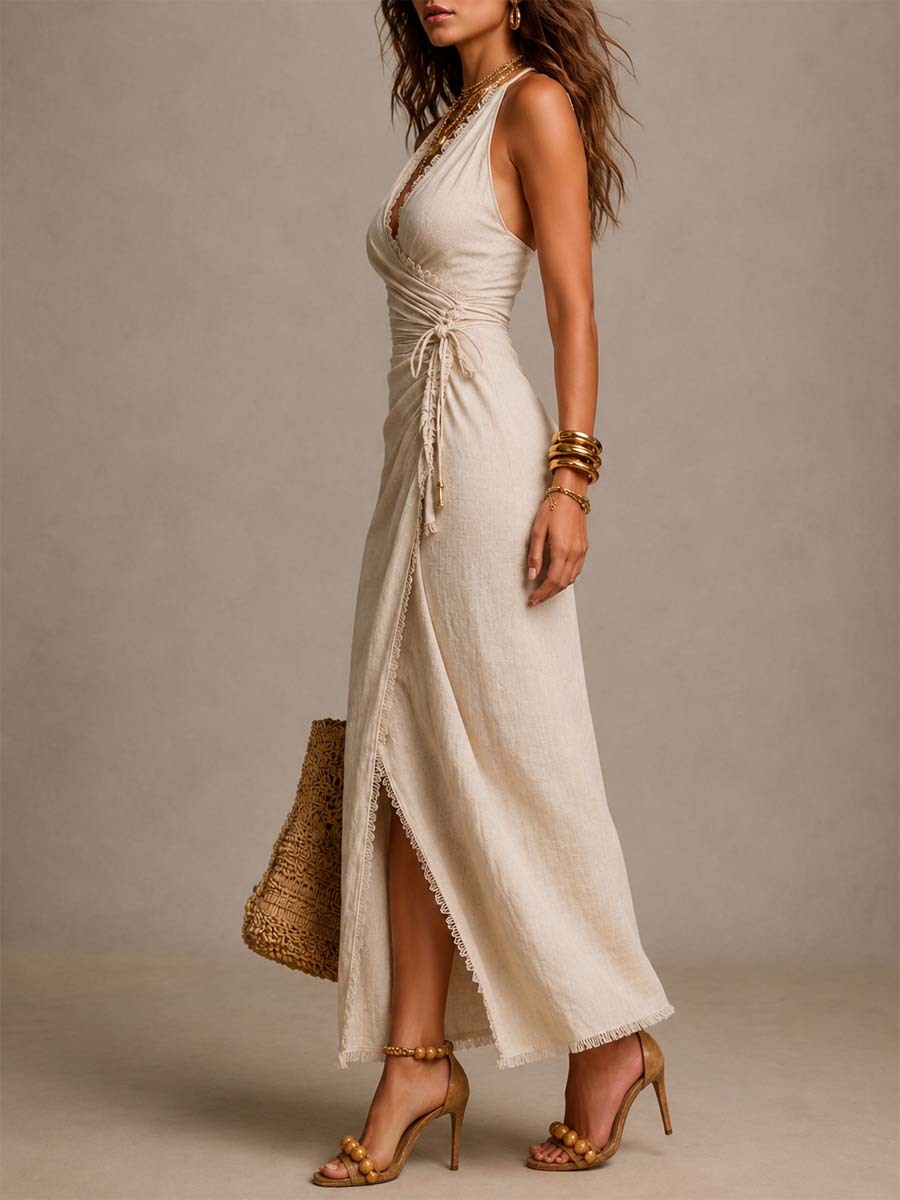 Sleeveless V-Neck Midi Dress with Lace Panels, Waist Tie and Flowy Slit Hem