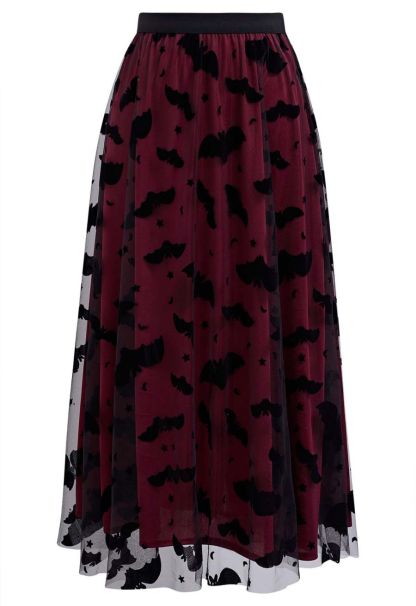 Women’s Halloween Bat Star Mesh Overlay High Waist A-Line Midi Skirt