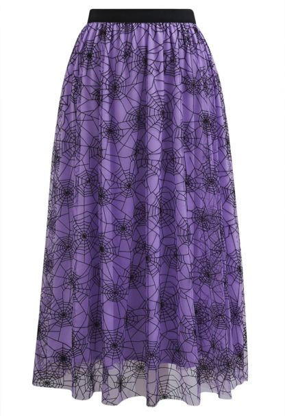Women’s Halloween Purple Spider Web Mesh Overlay High Waist A-Line Midi Skirt