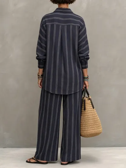 Women's Casual Striped Cotton-linen Set