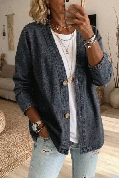 Women's V-Neck Button Front Denim Jacket Casual Loose Fit