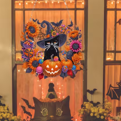 Black Cat Moon Diamond Art Hanging Ornament Kit – Relaxing DIY Halloween Craft 🎃💎
