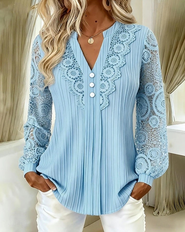 Women's Shirt Eyelet Top Boho Shirt Lace Shirt Lace Solid Color Plain Elegant Bohemia Active Long Sleeve Long Tops