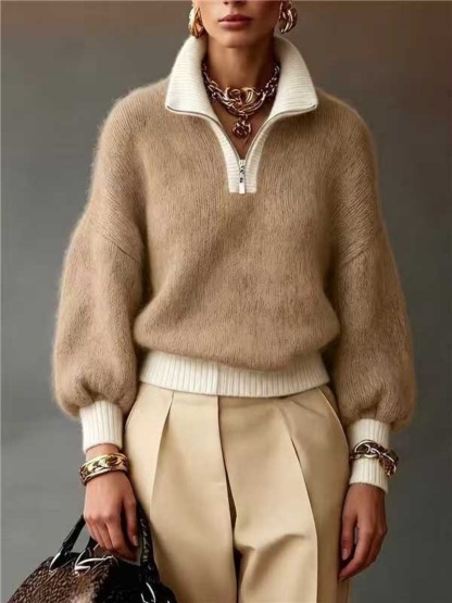 Half-Zip Mock Neck Sweater – Relaxed Fit Cozy Knit Pullover