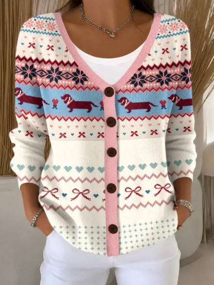 Women’s Vintage Pattern Cardigan Sweater,  Contrast Button Front Knit Cardigan with Cute Jacquard Design