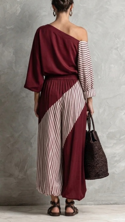 Women's Elegant Dark Red Striped Print Woven One-Shoulder Long-Sleeve Top And Pants Two-Piece Set