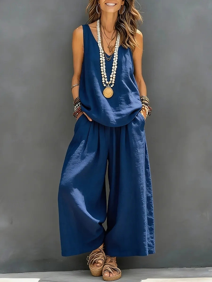 Loose Sleeveless V-Neck Linen Two Piece Outfit, High Waist Pleated Wide Leg Culottes