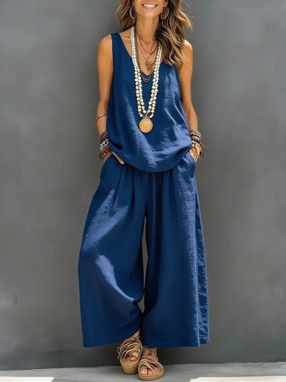 Loose Sleeveless V-Neck Linen Two Piece Outfit, High Waist Pleated Wide Leg Culottes