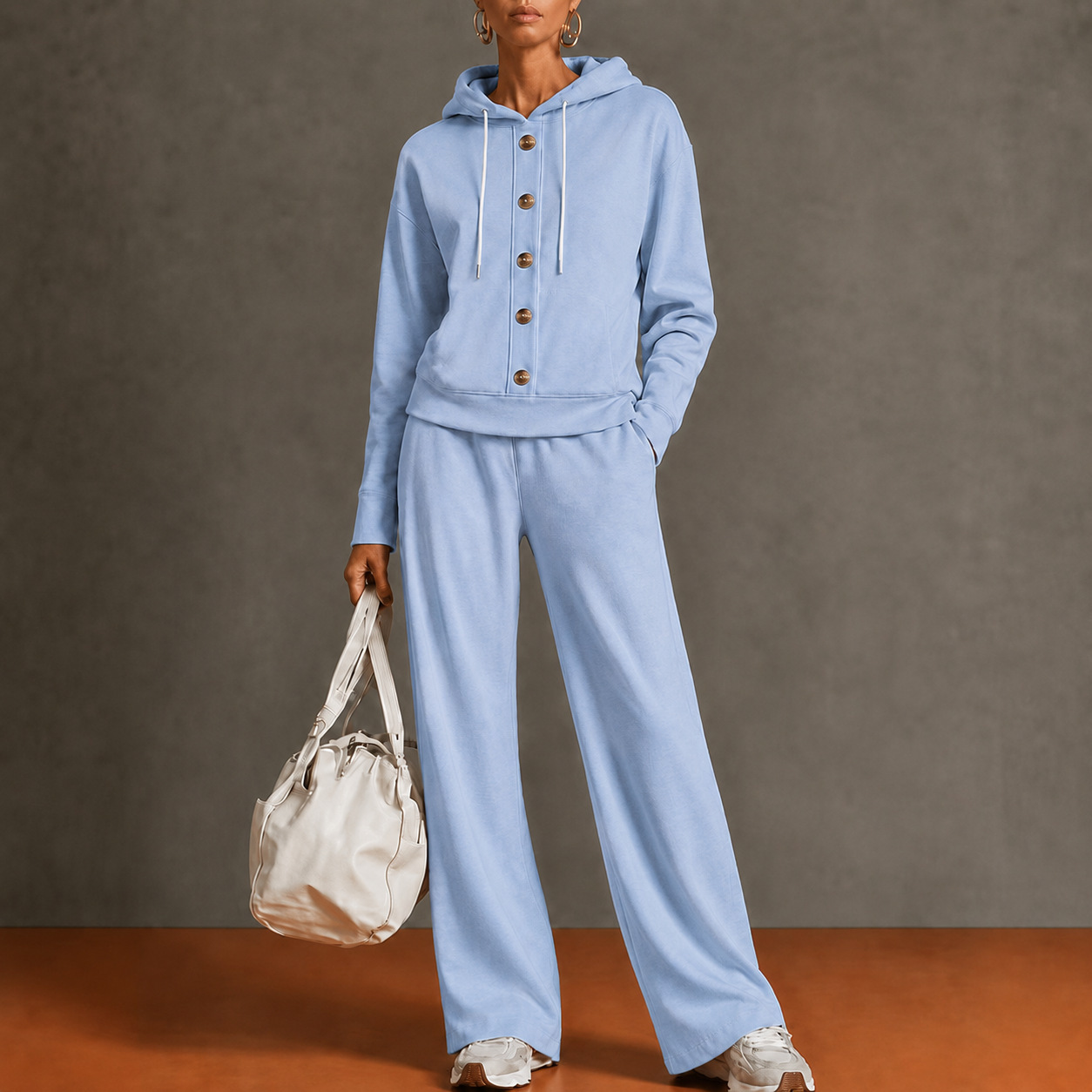 Women’s Hooded Two Piece Lounge Set, Button Front Sweatshirt Top & Wide Leg Pants Outfit