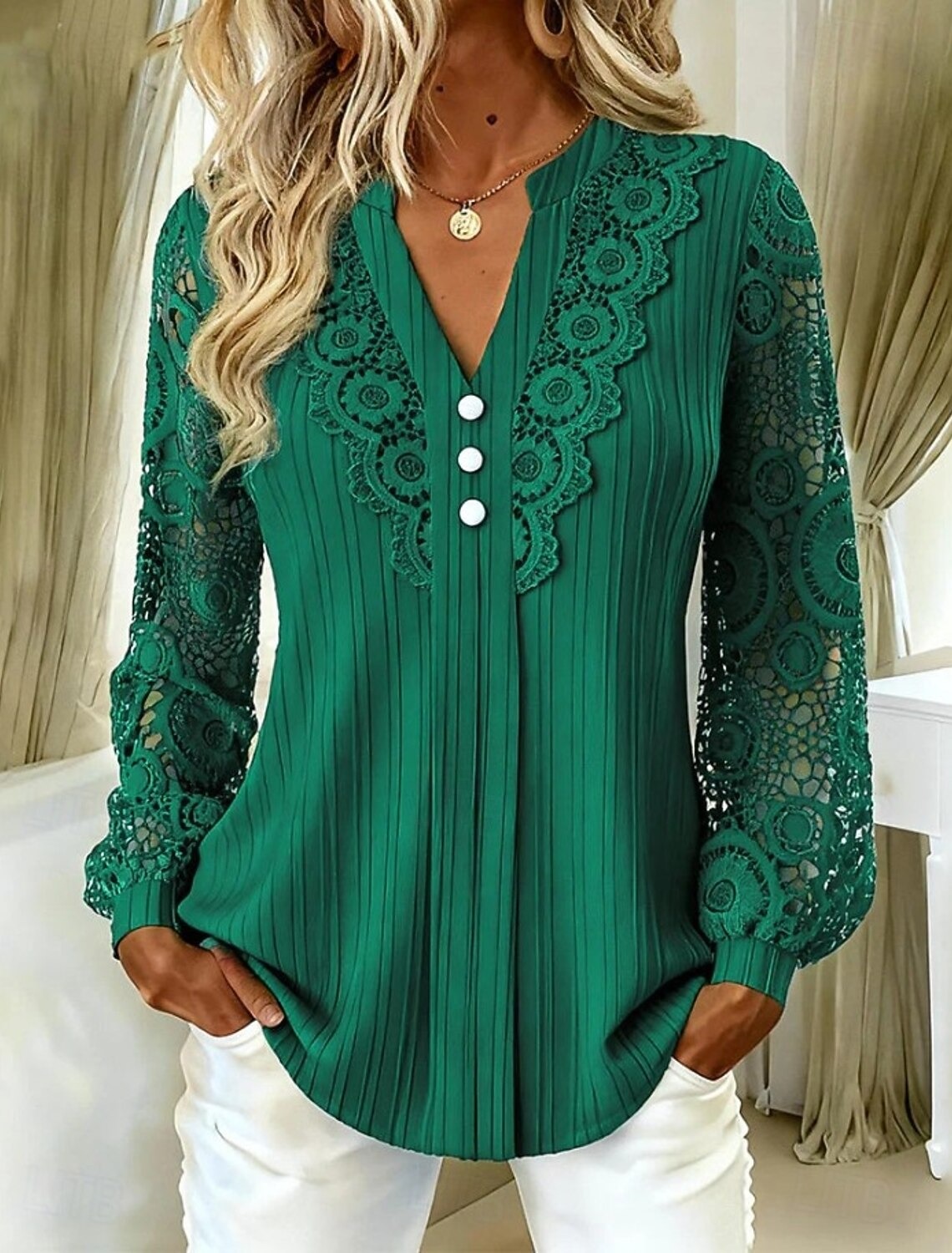 Women's Shirt Eyelet Top Boho Shirt Lace Shirt Lace Solid Color Plain Elegant Bohemia Active Long Sleeve Long Tops