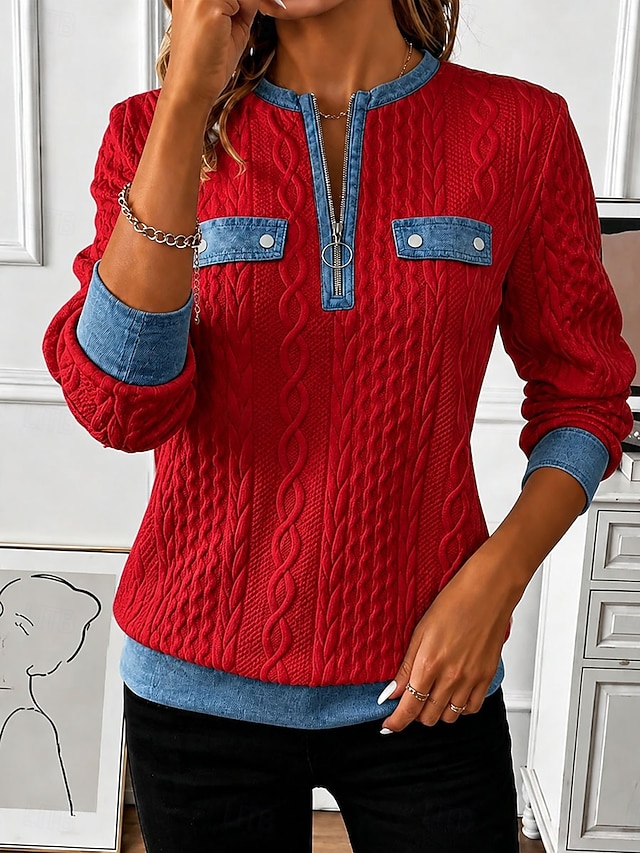 Women’s Denim Patchwork Knit Top Zip Neck Long Sleeve Casual Sweater