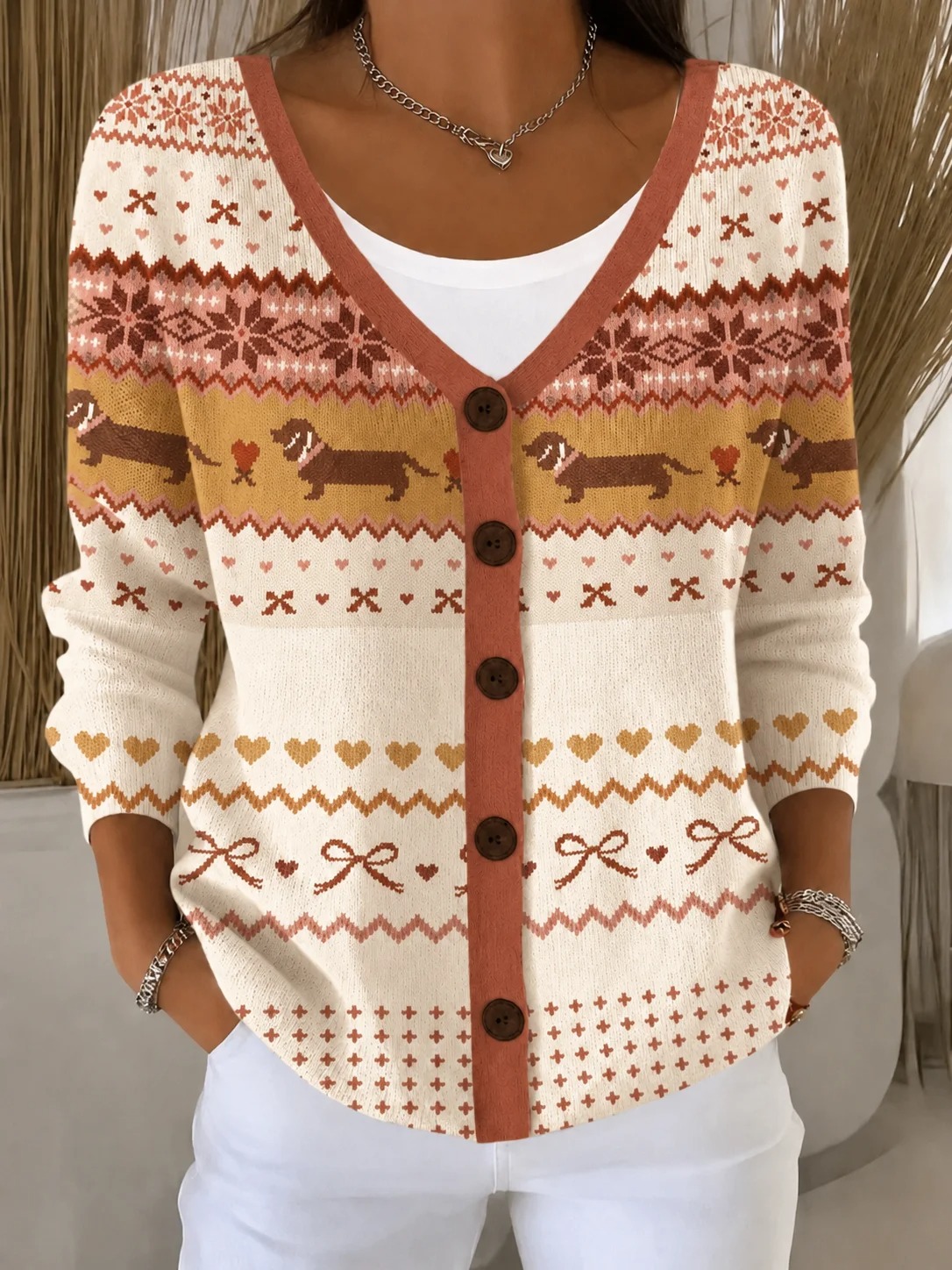 Women’s Vintage Pattern Cardigan Sweater,  Contrast Button Front Knit Cardigan with Cute Jacquard Design