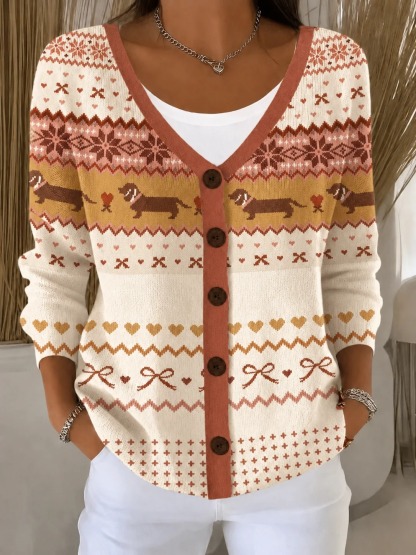 Women’s Vintage Pattern Cardigan Sweater,  Contrast Button Front Knit Cardigan with Cute Jacquard Design
