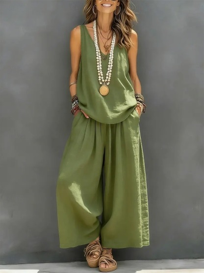 Loose Sleeveless V-Neck Linen Two Piece Outfit, High Waist Pleated Wide Leg Culottes
