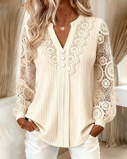 Women's Shirt Eyelet Top Boho Shirt Lace Shirt Lace Solid Color Plain Elegant Bohemia Active Long Sleeve Long Tops