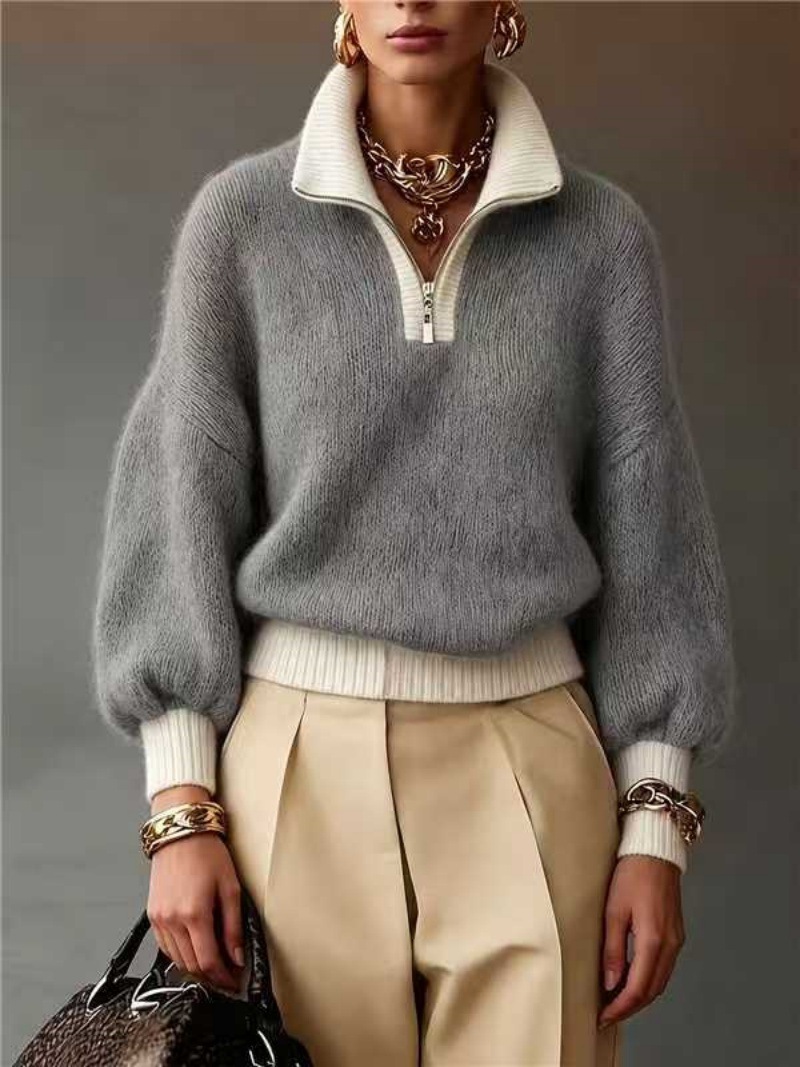Half-Zip Mock Neck Sweater – Relaxed Fit Cozy Knit Pullover