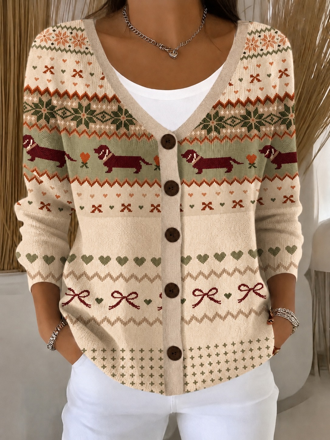 Women’s Vintage Pattern Cardigan Sweater,  Contrast Button Front Knit Cardigan with Cute Jacquard Design