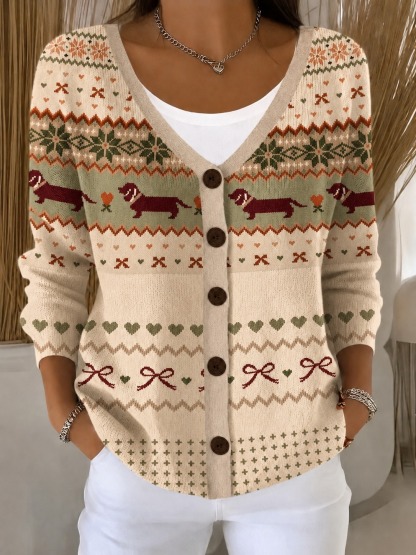 Women’s Vintage Pattern Cardigan Sweater,  Contrast Button Front Knit Cardigan with Cute Jacquard Design