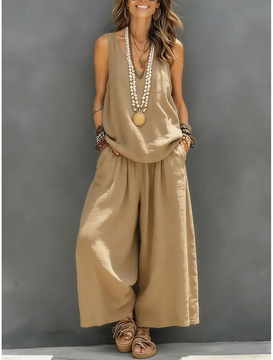 Loose Sleeveless V-Neck Linen Two Piece Outfit, High Waist Pleated Wide Leg Culottes