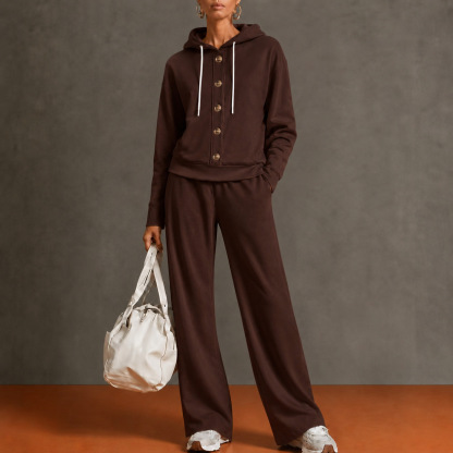 Women’s Hooded Two Piece Lounge Set, Button Front Sweatshirt Top & Wide Leg Pants Outfit
