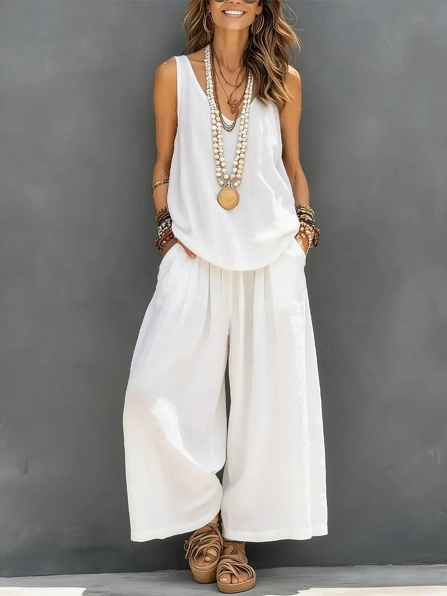 Loose Sleeveless V-Neck Linen Two Piece Outfit, High Waist Pleated Wide Leg Culottes