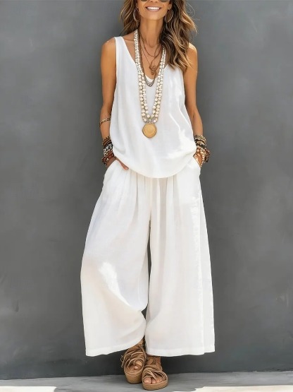 Loose Sleeveless V-Neck Linen Two Piece Outfit, High Waist Pleated Wide Leg Culottes