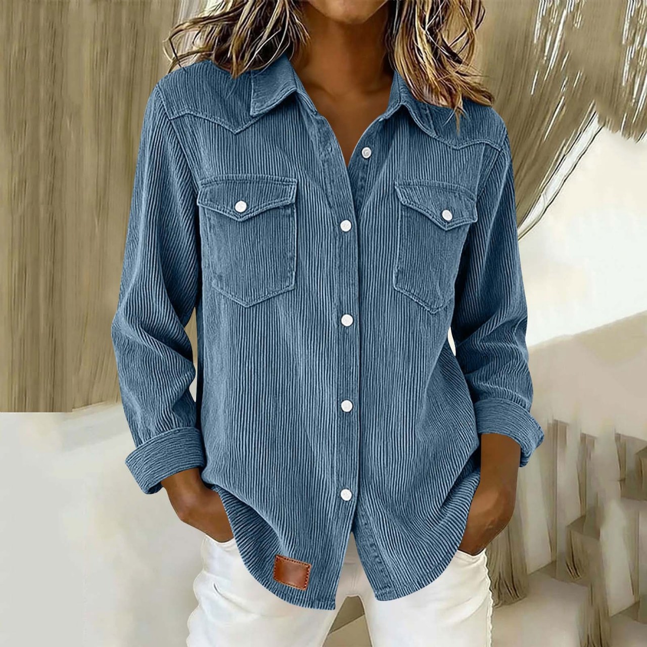 Women's Oversized Corduroy Button-Up Shirt with Flap Pockets Long Sleeve Casual Blouse