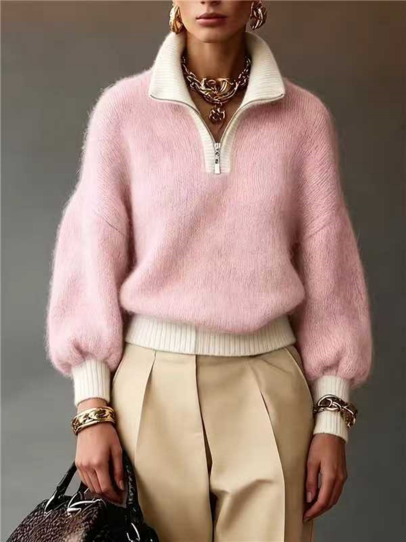 Half-Zip Mock Neck Sweater – Relaxed Fit Cozy Knit Pullover