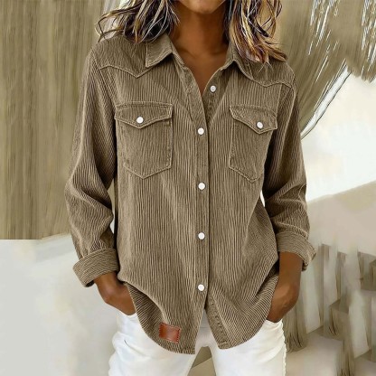 Women's Oversized Corduroy Button-Up Shirt with Flap Pockets Long Sleeve Casual Blouse