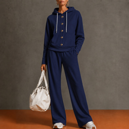 Women’s Hooded Two Piece Lounge Set, Button Front Sweatshirt Top & Wide Leg Pants Outfit