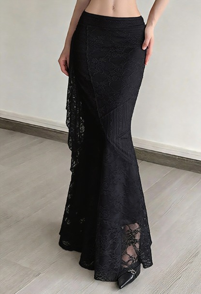 Women’s Halloween Black Lace Mermaid Skirt High Waist Gothic Long Skirt