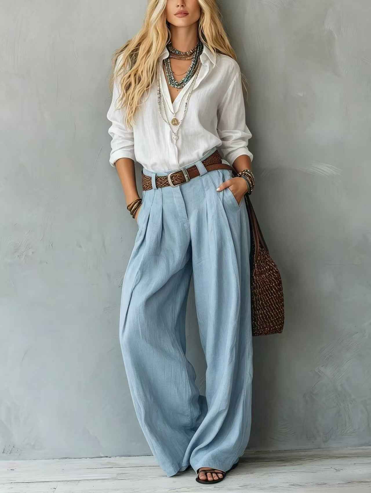 Women's Blouse & Wide-Leg Pants Set – Loose Fit Two-Tone 2-Piece