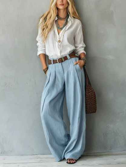 Women's Blouse & Wide-Leg Pants Set – Loose Fit Two-Tone 2-Piece