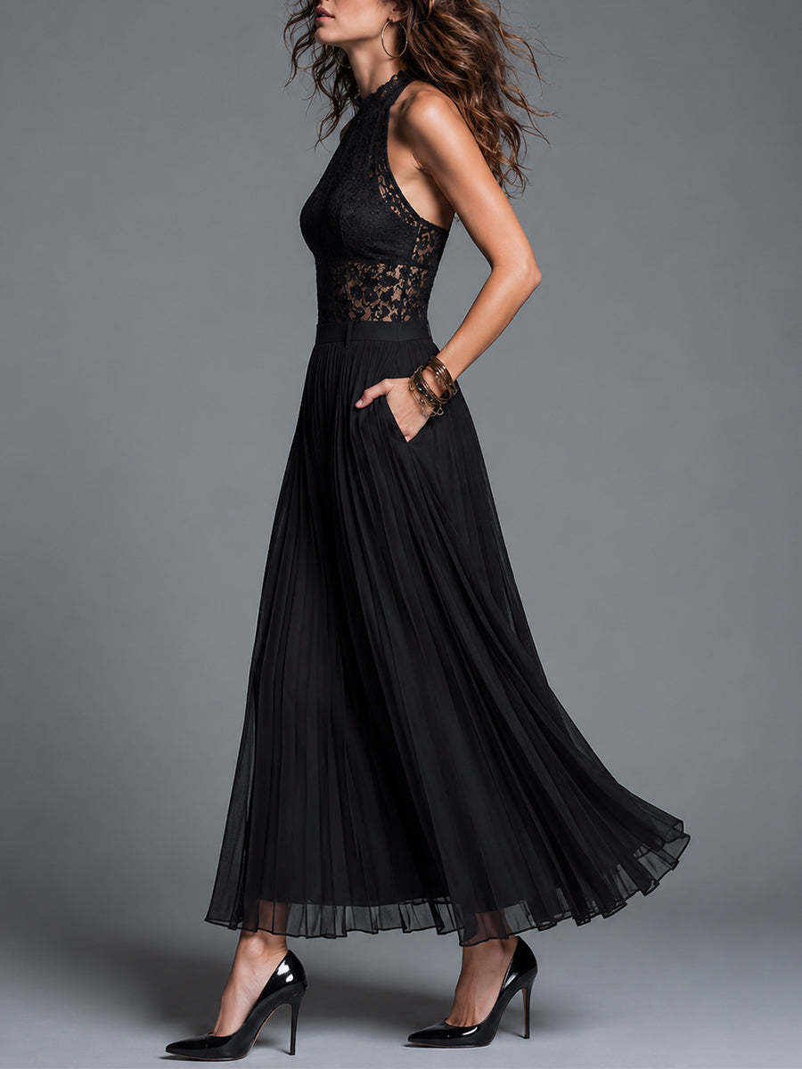 Vintage-Style Pleated Chiffon Dress With A Stand Collar And Cut-Out Lace Detailing