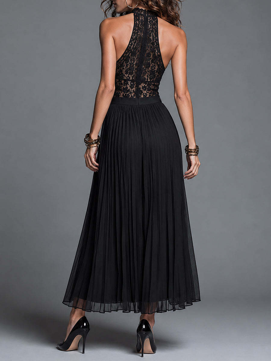 Vintage-Style Pleated Chiffon Dress With A Stand Collar And Cut-Out Lace Detailing