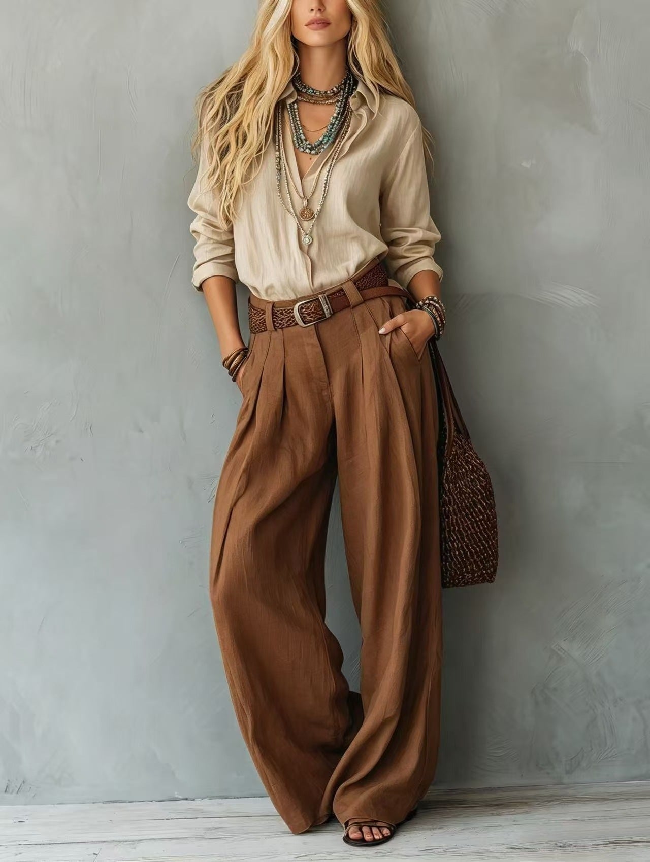 Women's Blouse & Wide-Leg Pants Set – Loose Fit Two-Tone 2-Piece