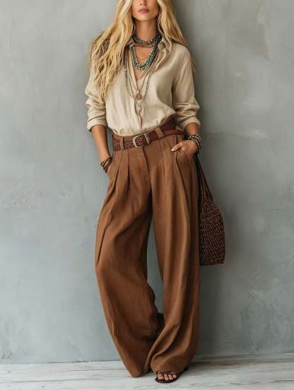 Women's Blouse & Wide-Leg Pants Set – Loose Fit Two-Tone 2-Piece