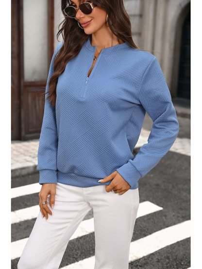 Women's Textured Zip Up Sweatshirts Casual Long Sleeve V Neck Half Zip Regular Tops