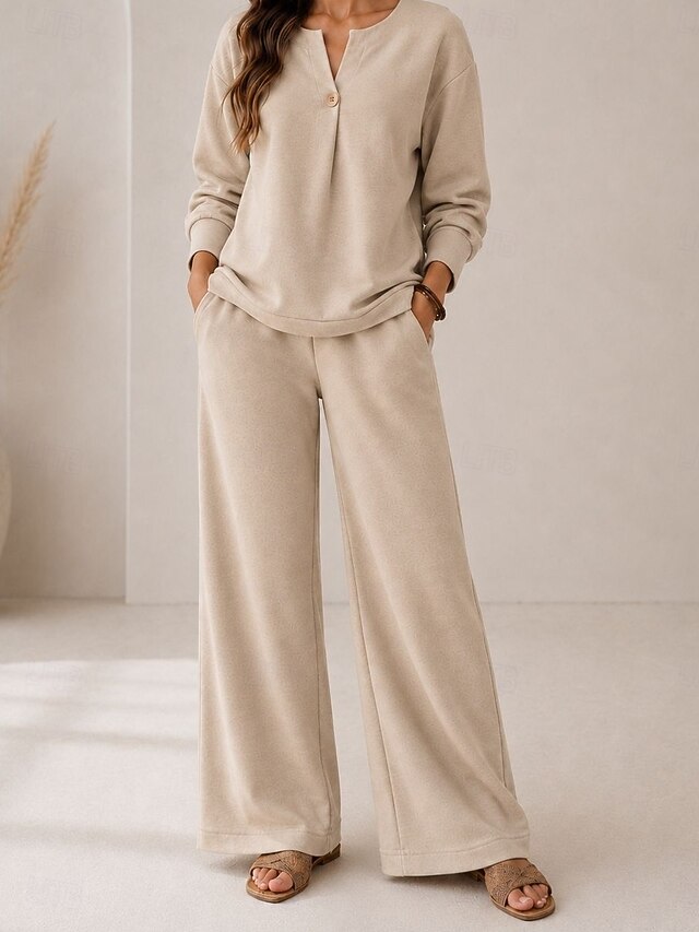 Women's Pants Sets Long Sleeve V Neck Plain Vacation Daily Casual Daily
