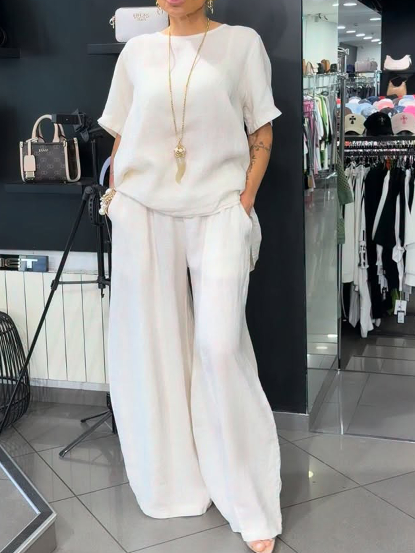 Linen Two Piece Outfit, Back Button Split Short Sleeve Top & Wide Leg Pants Matching Set
