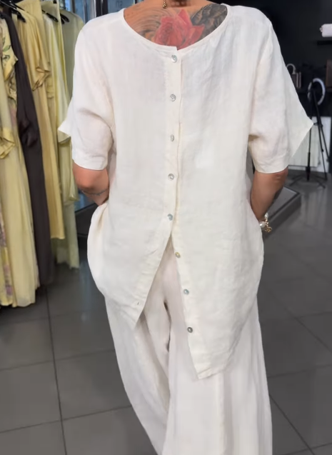 Linen Two Piece Outfit, Back Button Split Short Sleeve Top & Wide Leg Pants Matching Set