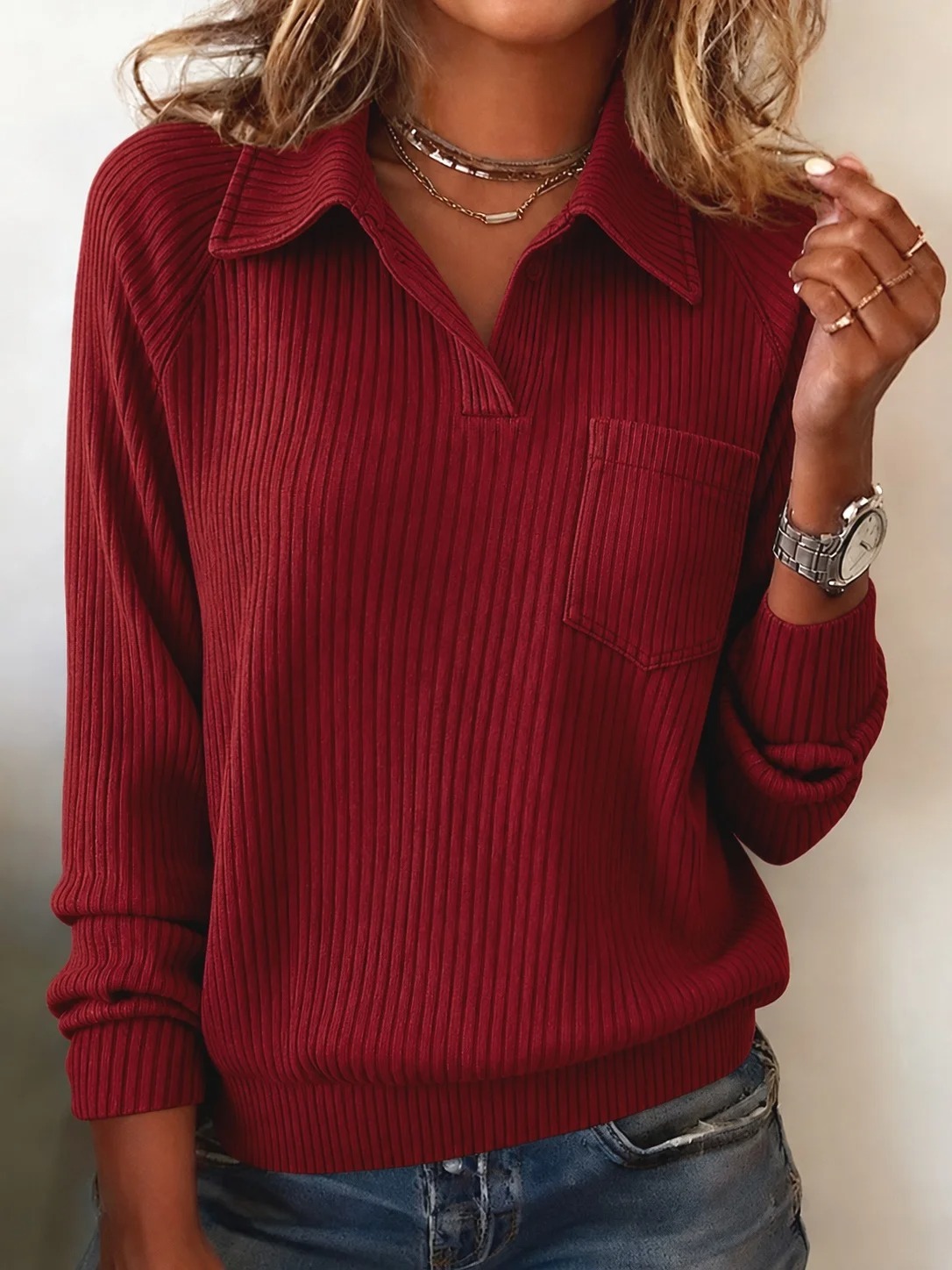 Ribbed Polo Knit Top | Relaxed Long Sleeve Collared Sweater Shirt