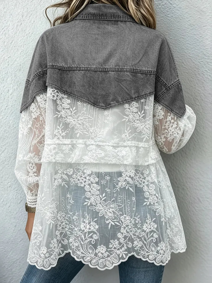 Women’s Lace Panel Denim Jacket Sheer Floral Mesh Patchwork Casual Cropped Coat