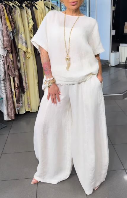 Linen Two Piece Outfit, Back Button Split Short Sleeve Top & Wide Leg Pants Matching Set