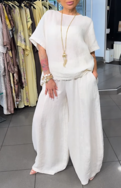 Linen Two Piece Outfit, Back Button Split Short Sleeve Top & Wide Leg Pants Matching Set
