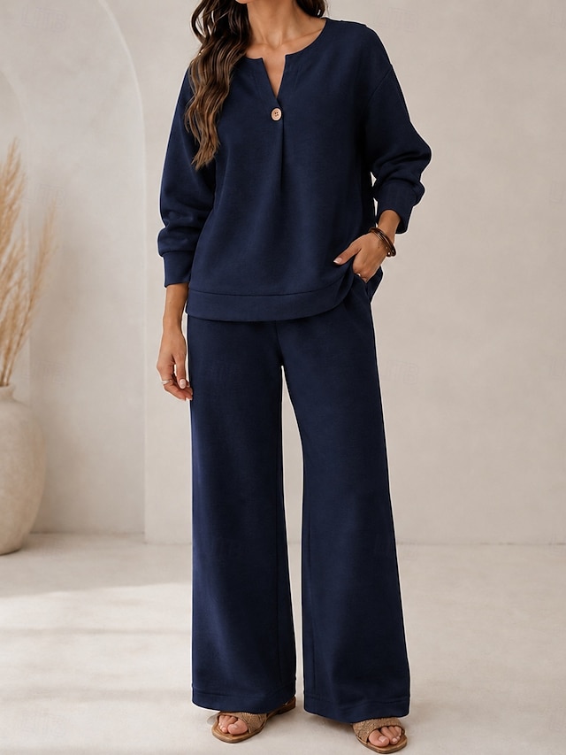 Women's Pants Sets Long Sleeve V Neck Plain Vacation Daily Casual Daily